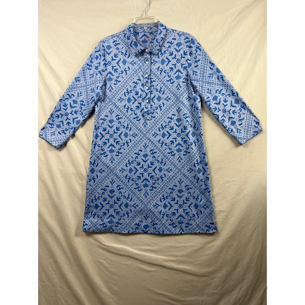 Vineyard Vines Dress Womens L Blue Geometric Tile Floral 3/4 Sleeve Shift Tunic